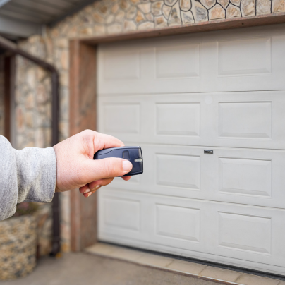 Louisville security key fob pointing to a garage door